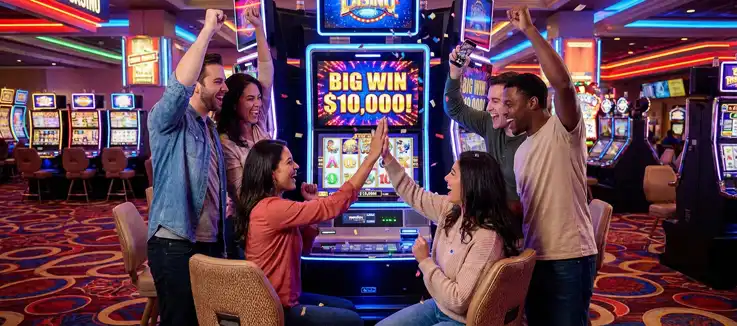 Group of people playing a slot machine  