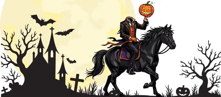 Drawing of a headless man on a horse holding a jack-o-lantern in a spooky cemetery with bats flying around