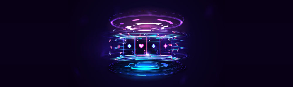 blue neon digital poker chips and cards floating around in space