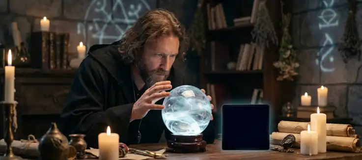 man gazing into a crystal ball