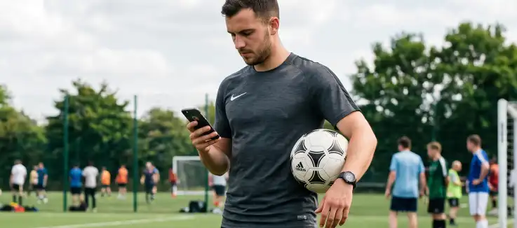 man holding a soccer ball while looking at his mobile phone 