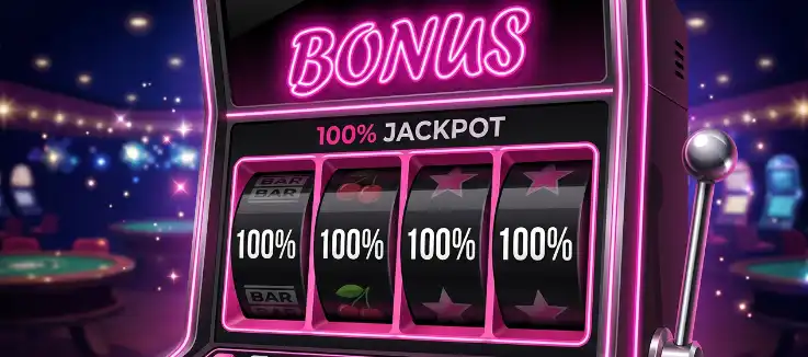 100% on casino reels with the word Bonus in neon pink
