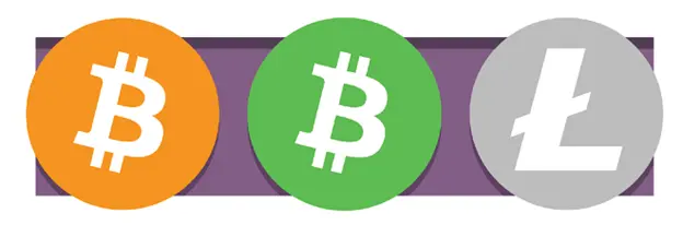 crypto logos of bitcoin, bitcoin cash and litecoin